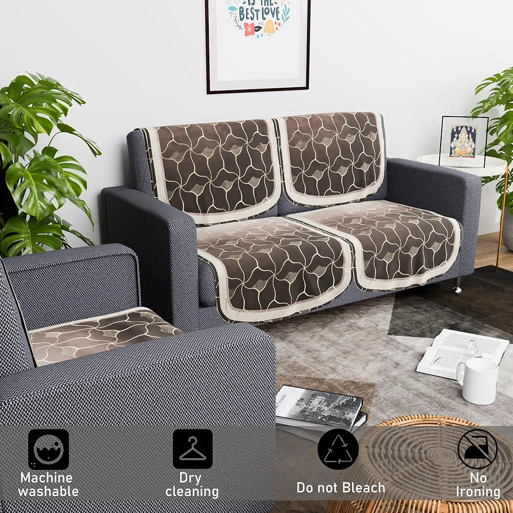 Kuber Industries Set of 6 Durable 2+1 Seater Sofa Cover for Living Room | Easy Machine Washable Sofe ke cover for Protection & Comfort for Home Furniture | Arabica Look - Brown & Golden Foil